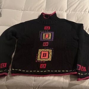 Colorful Geometric Black Turtleneck Sweater